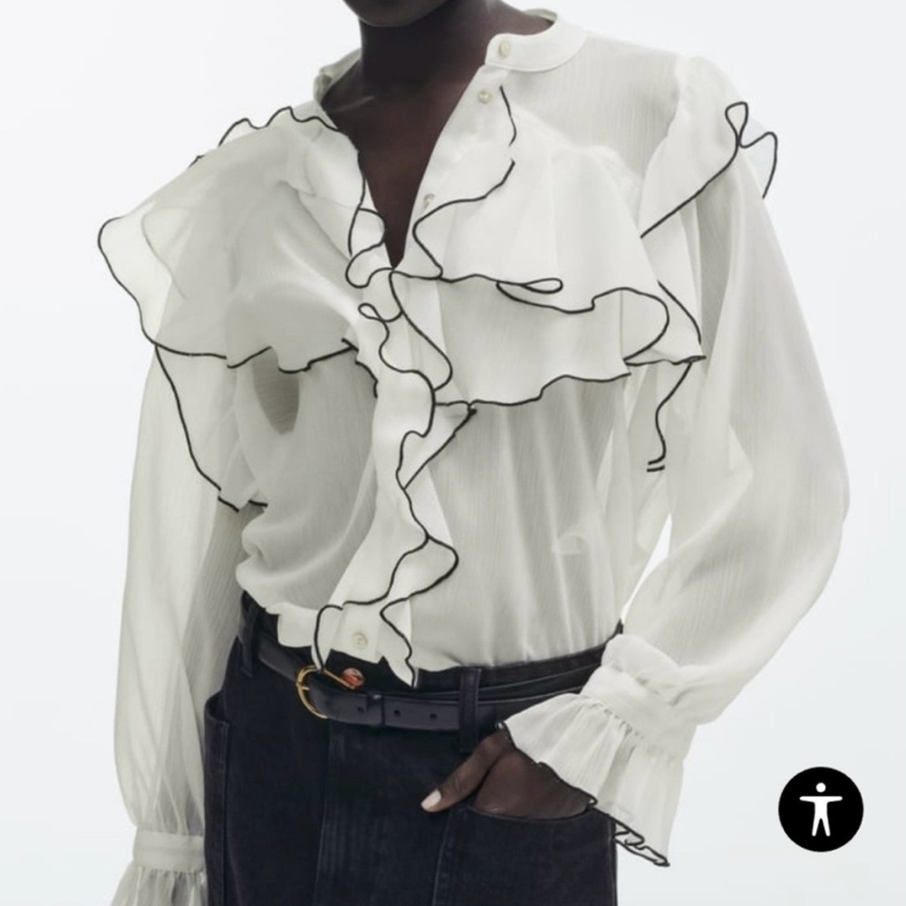 Zara White Ruffle-Front Sheer Blouse with Black Trim in EUC, size L